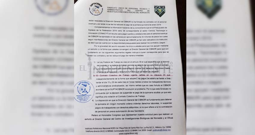 Pide sindicato del CIBNOR apoyo legislativo para solucionar problema de pago