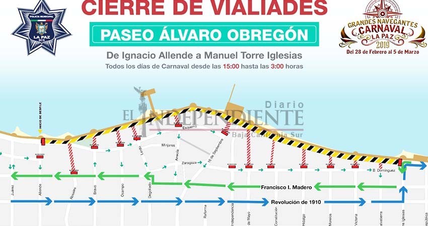 A partir del jueves cerrarán vialidades con motivo del Carnaval La Paz 2019