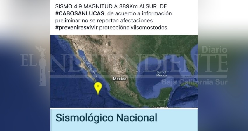 Se registra sismo de magnitud 4.9 al sur de CSL