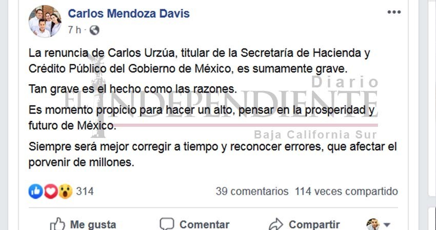 Pide gobernador BCS a AMLO "reconocer errores" tras renuncia de Urzúa