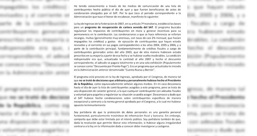 La condonación de impuestos aceptada por la ley: Felipe Calderón