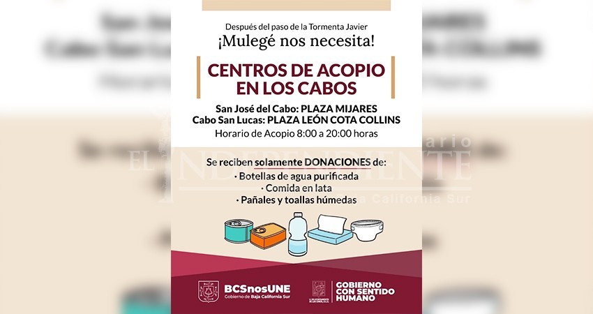 Hasta mañana seguirán abiertos los centros de acopios de CSL y SJC para ayuda a Mulegé