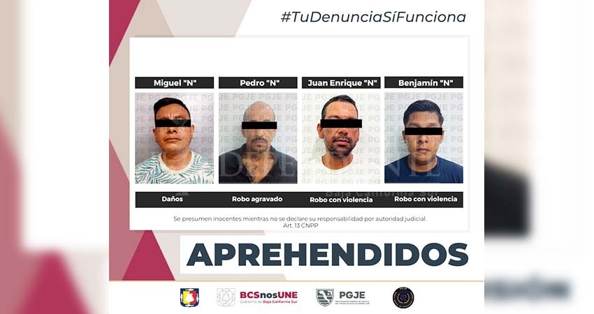 Detiene PGJE a 4 probables responsables de diversos delitos en Los Cabos
