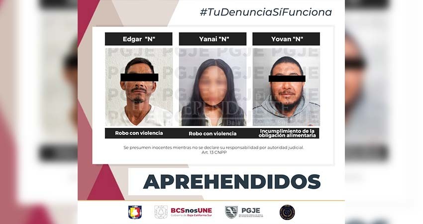Fueron aprehendidas tres personas por el delito de robo y delitos contra la familia