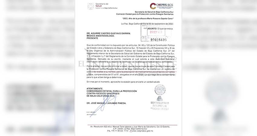 Gustavo Darwin si fue autorizado para prescribir fentanilo: COEPRIS BCS