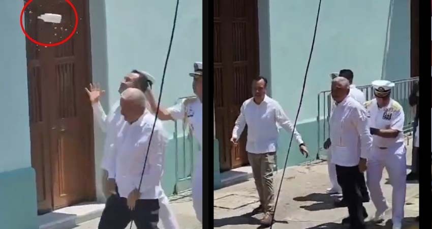 Lanzan botella a AMLO y le gritan ‘dictador’ en gira de despedida por Veracruz