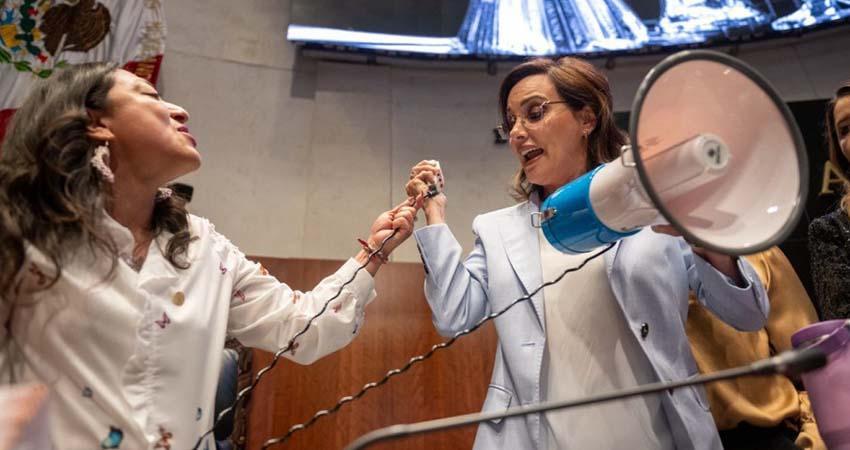 Legisladora usa tijeras para cortar megáfono de Lilly Téllez durante protesta