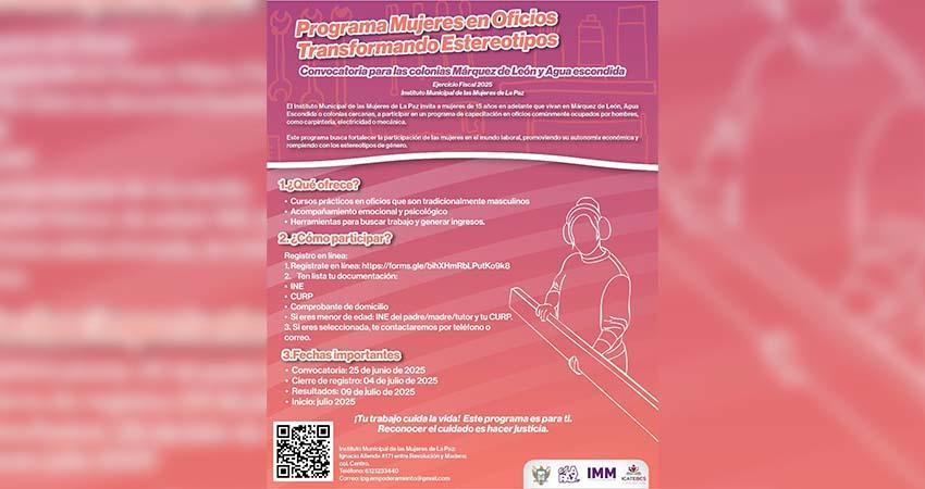 Lanza IMM de La Paz convocatoria para capacitación en oficios sin estereotipo