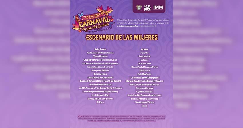 Anuncia el Instituto Municipal de las Mujeres cartelera artística del Carnaval La Paz 2026
