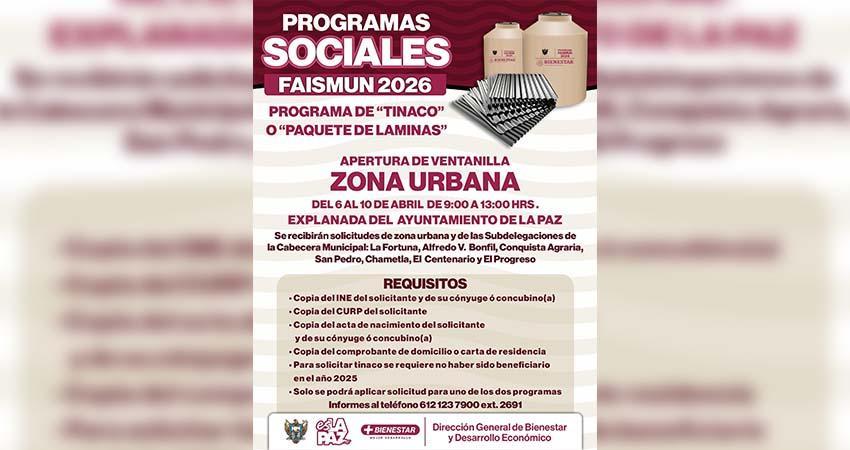 Abrirá Ayuntamiento de La Paz ventanilla única para solicitud de tinacos y láminas