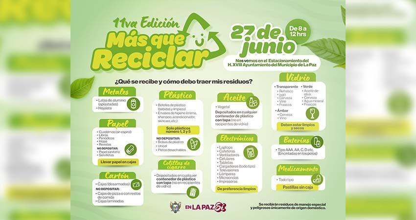 Ayuntamiento de La Paz invita a la Mega Jornada de Acopio “Más que Reciclar”