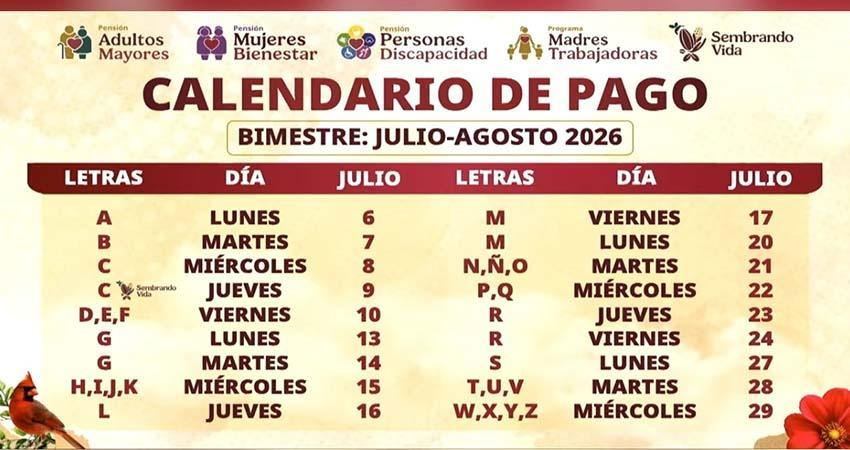 Calendario de pagos de la Pensión del Bienestar para el bimestre julio-agosto de 2026