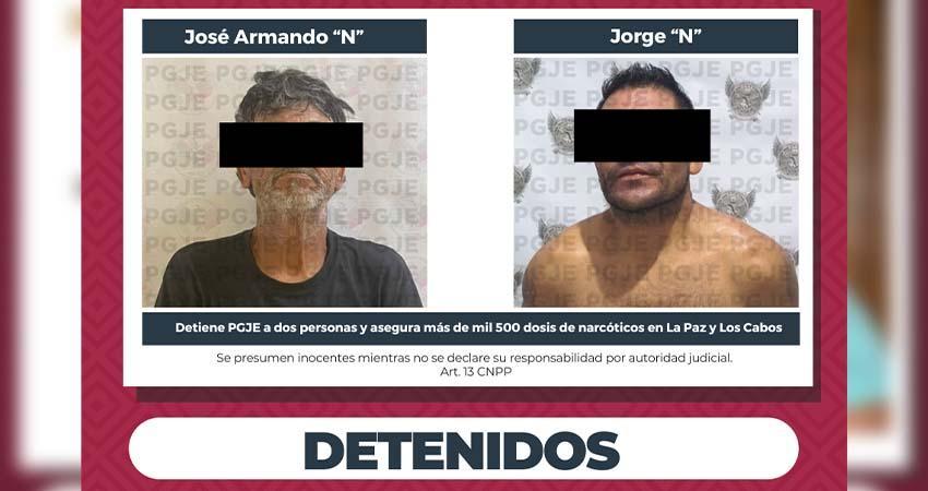 Son detenidas dos personas con más de mil 500 dosis de droga en La Paz y Los Cabos