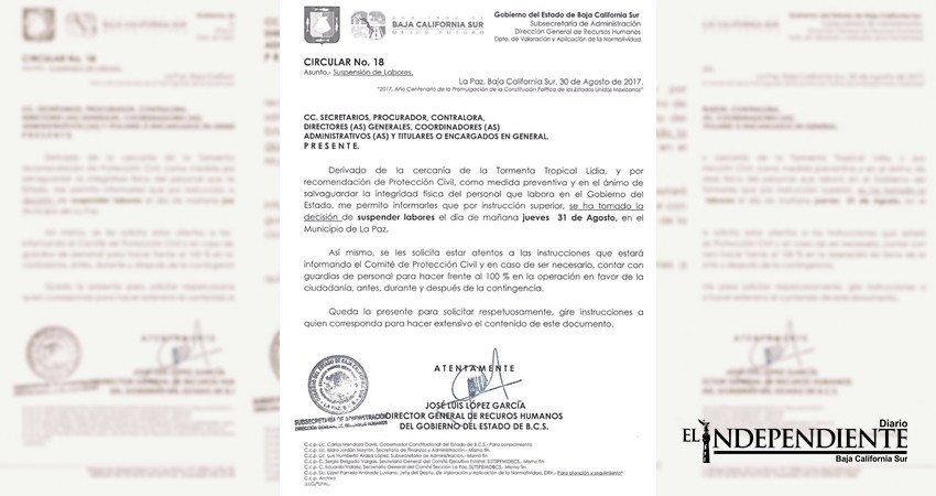 Suspenderán labores para sindicalizados del municipio de La Paz por “Lidia”