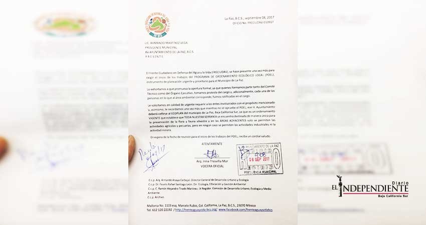 Exige Frente Ciudadano reanudar elaboración del programa de ordenamiento ecológico de La Paz 