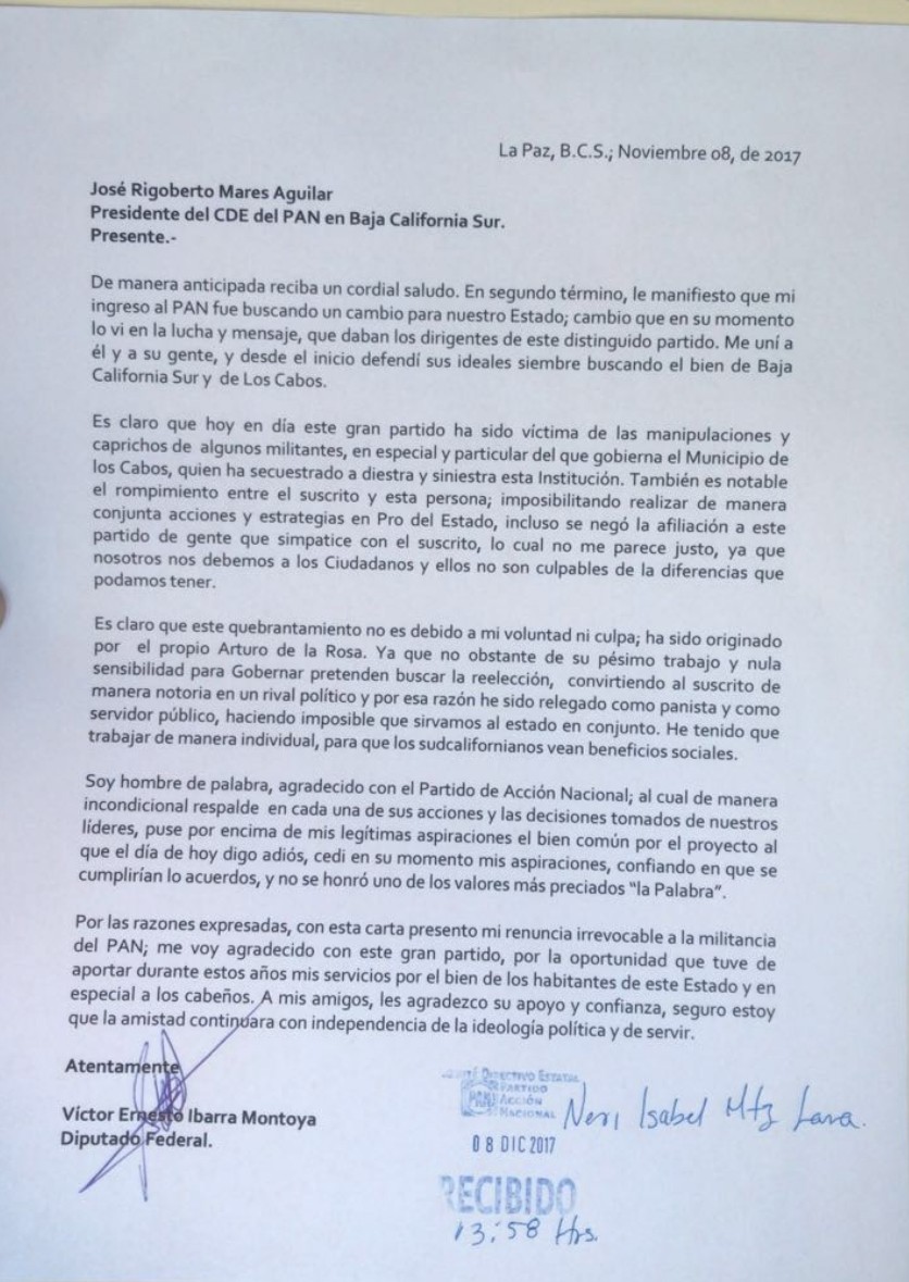 Renuncia a la militancia del PAN el Dip. Federal Ernesto Ibarra Montoya 