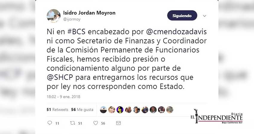 Niega gobierno de BCS presiones para tener recursos federales