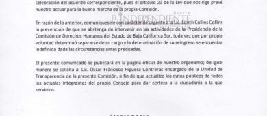 Pide consejo de CEDH a Lizeth Collins no intervenir en presidencia de la institución
