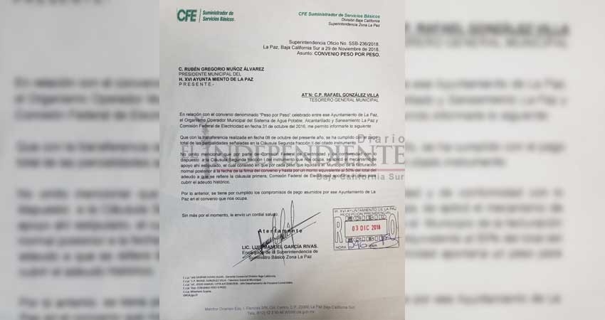 Liquida deuda histórica el Ayuntamiento de La Paz con la CFE