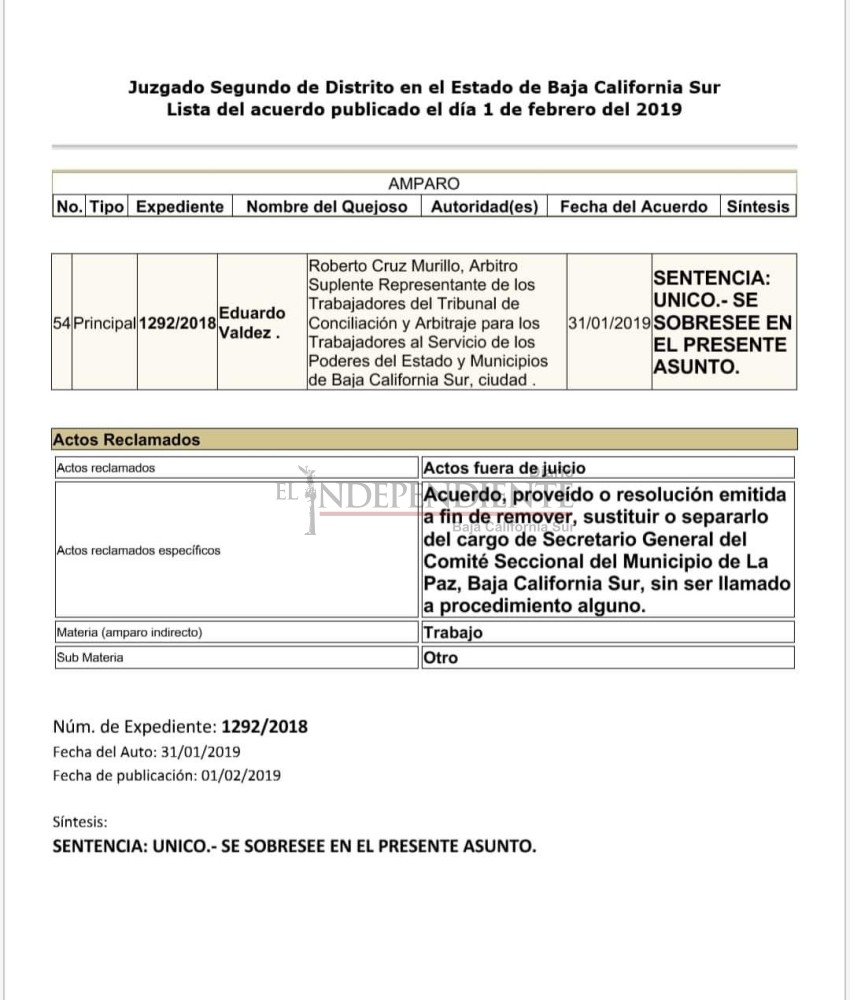 Solo un juicio de amparo mantiene a  Valdez como líder del Sindicato Sección La Paz