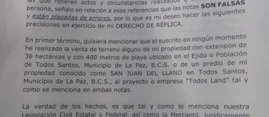 Niega “Todos Land” haber despojado a ejidatarios de Todos Santos