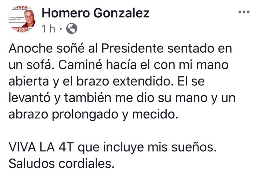 Diputado local se sueña con AMLO en un abrazo “prolongado y mecido”