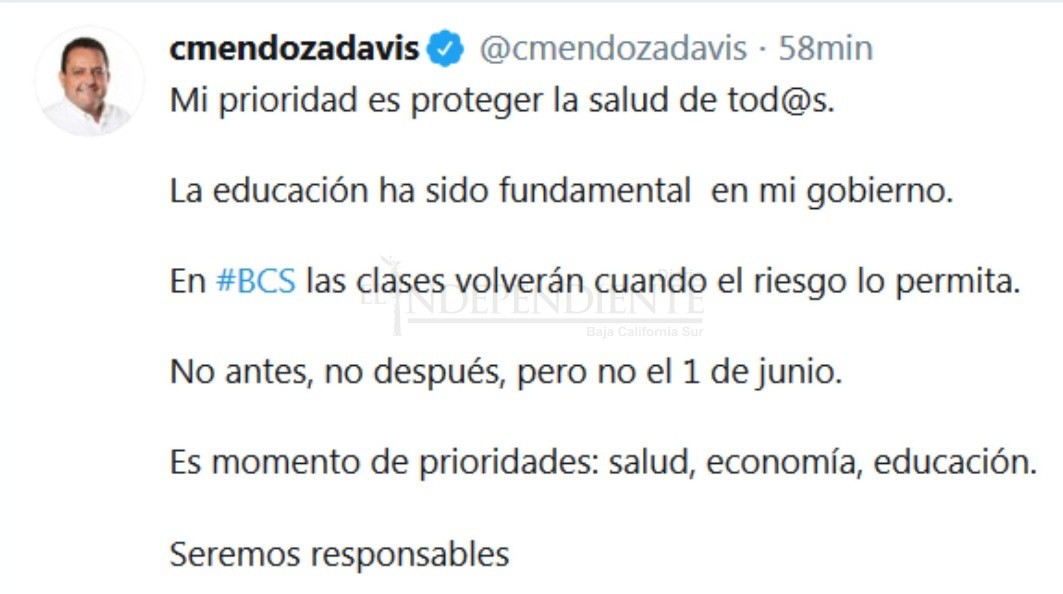 Regreso a clases será cuando la pandemia lo permita, advierte el gobernador Mendoza