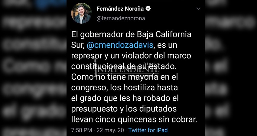 Carlos Mendoza es un “represor y violador” del marco constitucional: Fernández Noroña