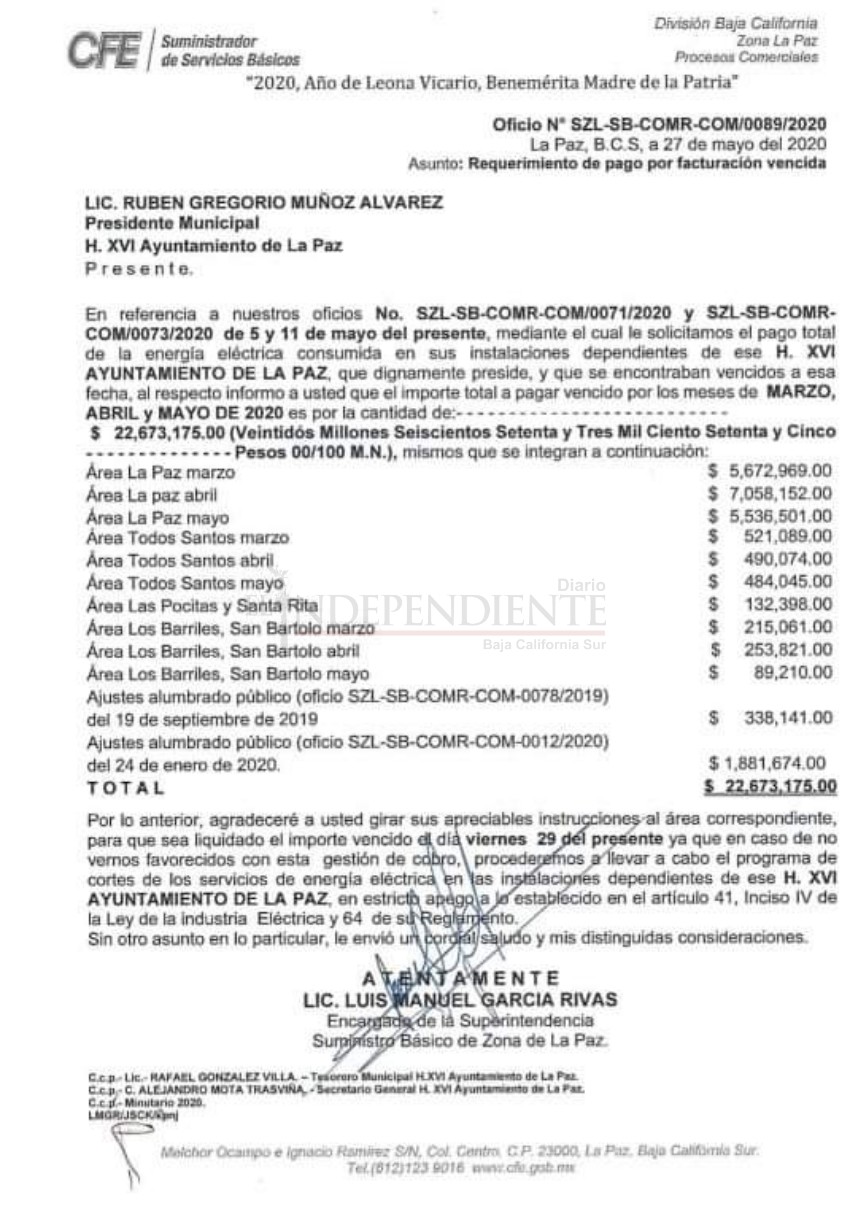Exige CFE al Ayuntamiento de La Paz el pago de casi 23 mdp por el servicio 