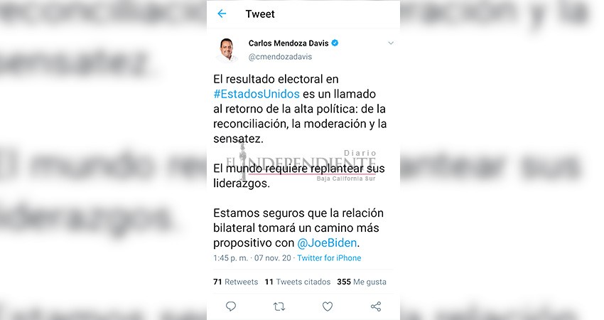 Celebra gobernador Mendoza triunfo de Biden en EEUU; AMLO aún no lo felicita