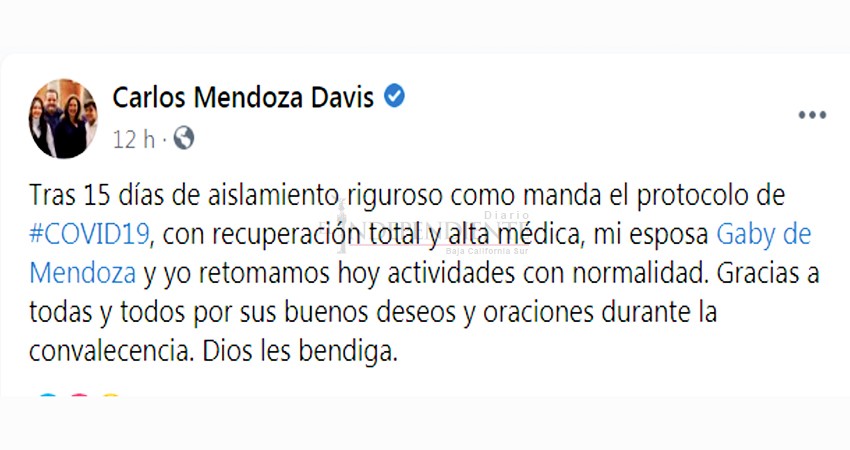 Invita Mendoza Davis a su informe tras su recuperación del COVID