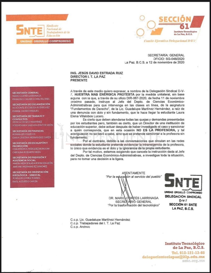 SNTE levanta la voz contra director del TEC La Paz