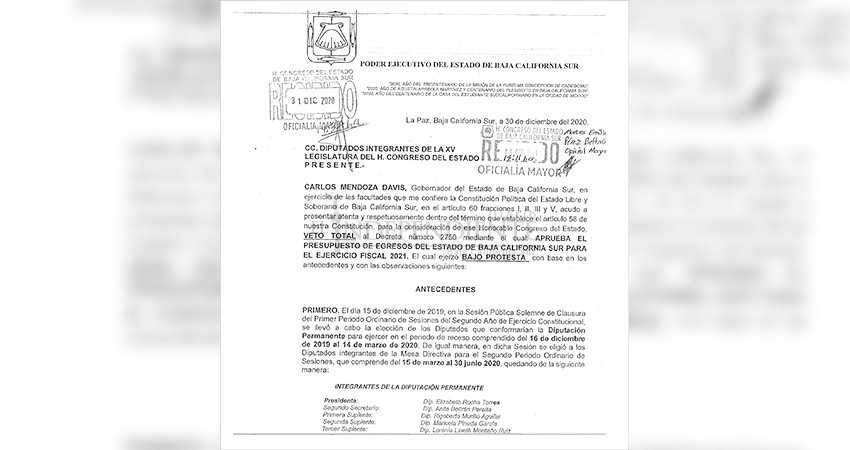 Veto gubernamental fue enviado un día antes de su publicación al Congreso del Estado