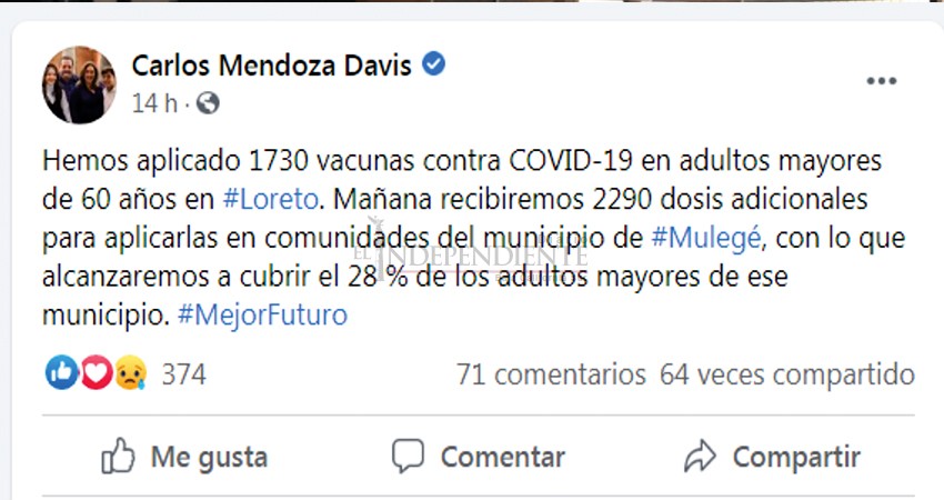 Hoy llegan a BCS más vacunas contra Covid-19: Gobernador