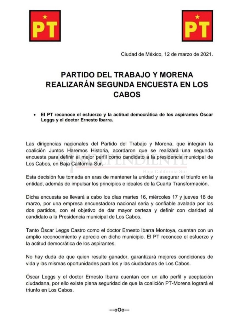 Va de nuevo: coalición PT-Morena anuncia otra encuesta para definir candidato en Los Cabos