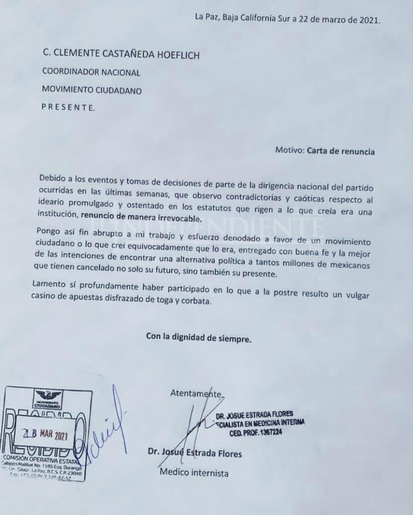 Renuncia Josué Estrada a la dirigencia de MC en BCS