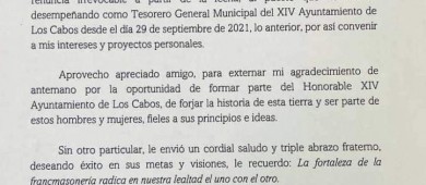 Renuncia Jonatan Vargas, Tesorero de Los Cabos