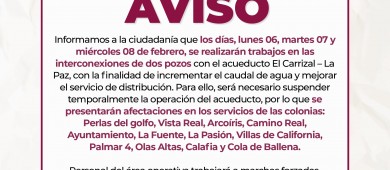Tres días suspenderán el suministro de agua en 12 colonias al sur de La Paz