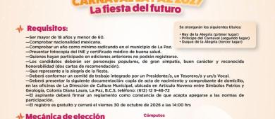 Convoca Ayuntamiento de La Paz a participar en la elección del Rey de la Alegría del Carnaval 2027